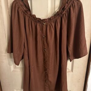 Brown Off-Shoulder Button-Down Top